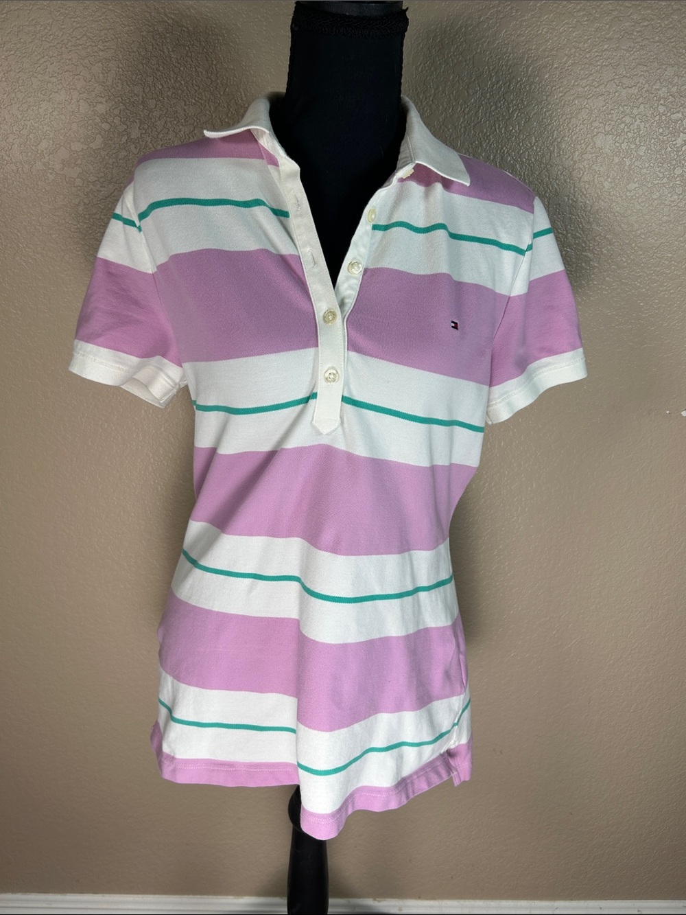 Tommy Hilfiger Pink & White Striped Polo Shirt Women’s Large Preppy Cotton